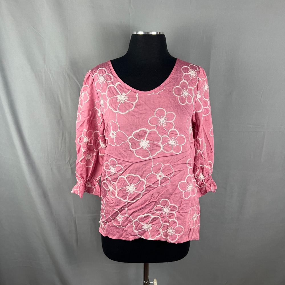 Ana & Rose Blouse Top Womens Small Floral Embroidered Round Neck Smocked Sleeve